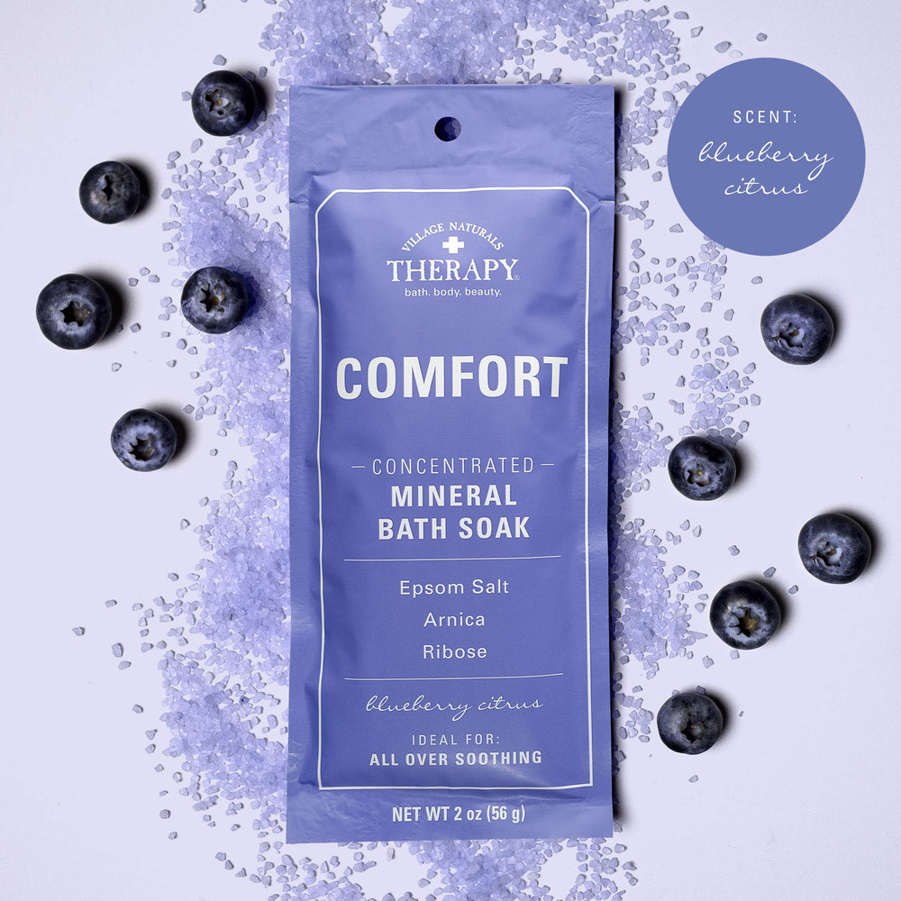 Village Naturals Therapy blueberry citrus aroma in a soak for a refreshing experience.