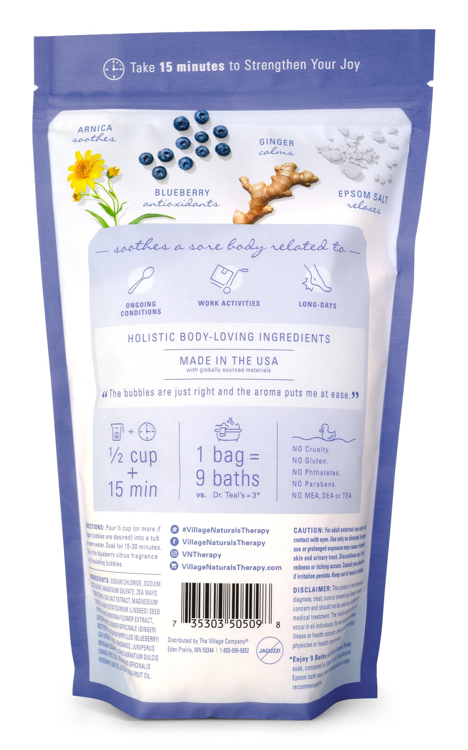 Village Naturals Therapy Comfort Foaming Bath Soak Blueberry Citrus scent fills the bathroom