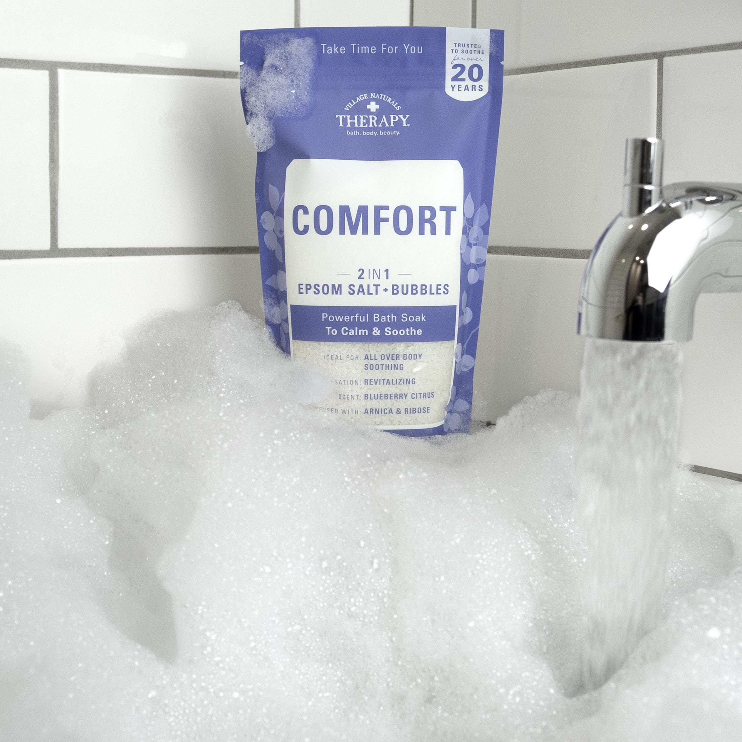 Village Naturals Therapy Comfort Foaming Bath Soak made in USA, trusted quality