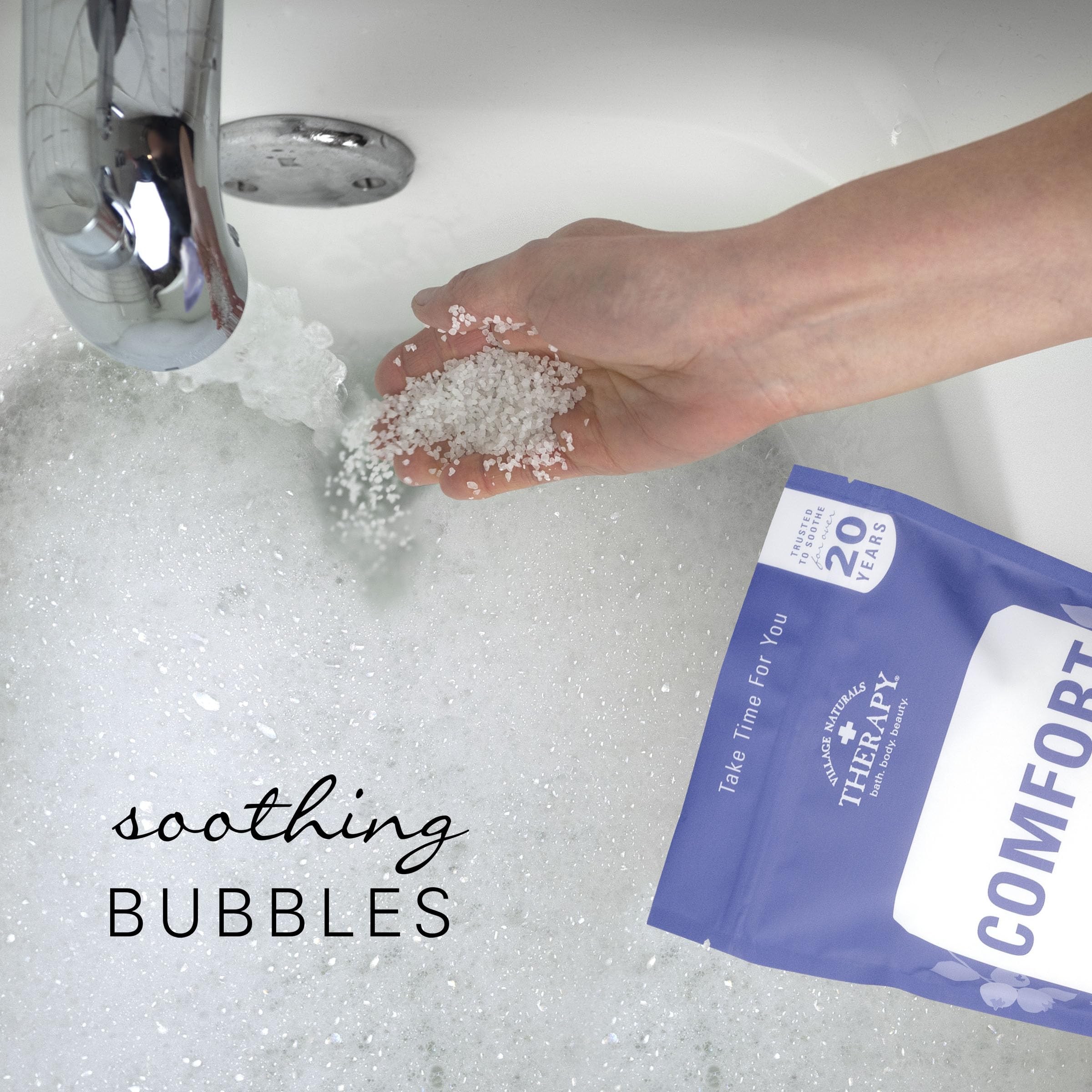 Village Naturals Therapy Comfort Foaming Bath Soak dissolves in warm water for spa-like immersion