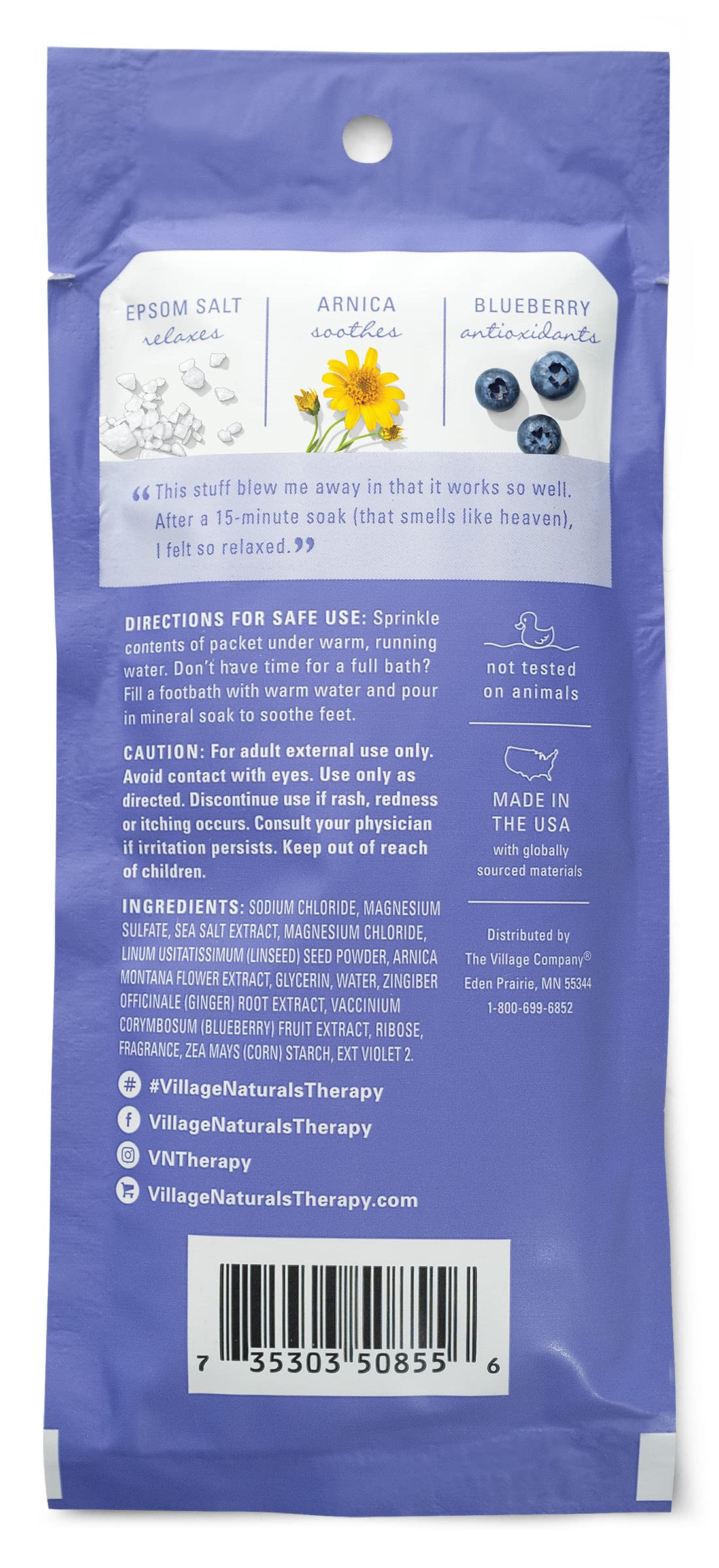 Village Naturals Therapy Mineral Bath Packets on the go for quick relaxation.