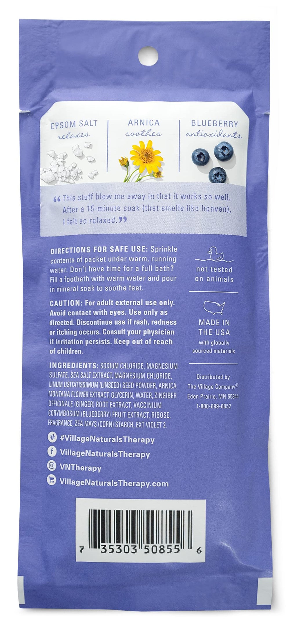 Village Naturals Therapy Mineral Bath Packets on the go for quick relaxation.