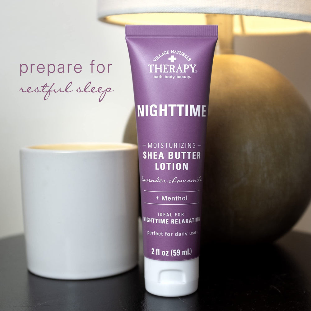 Relaxing nighttime scene with lotion and soft lighting.