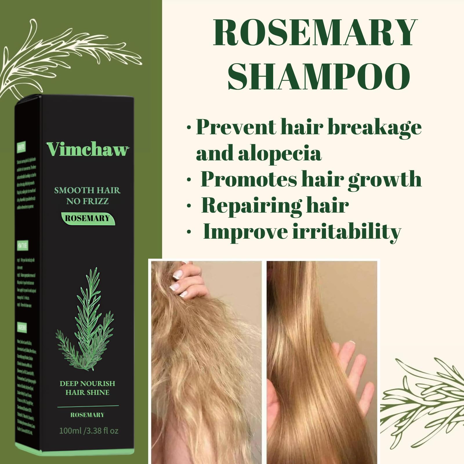 Vimchaw Rosemary Shampoo for all hair types shown in versatile use.