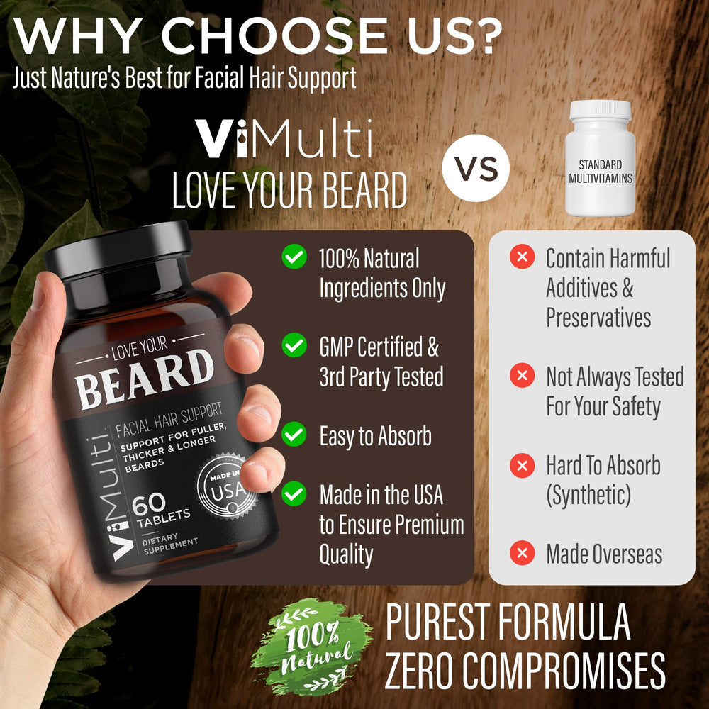 vimulti Love Your Beard Growth Vitamins ingredients label highlights biotin and collagen.