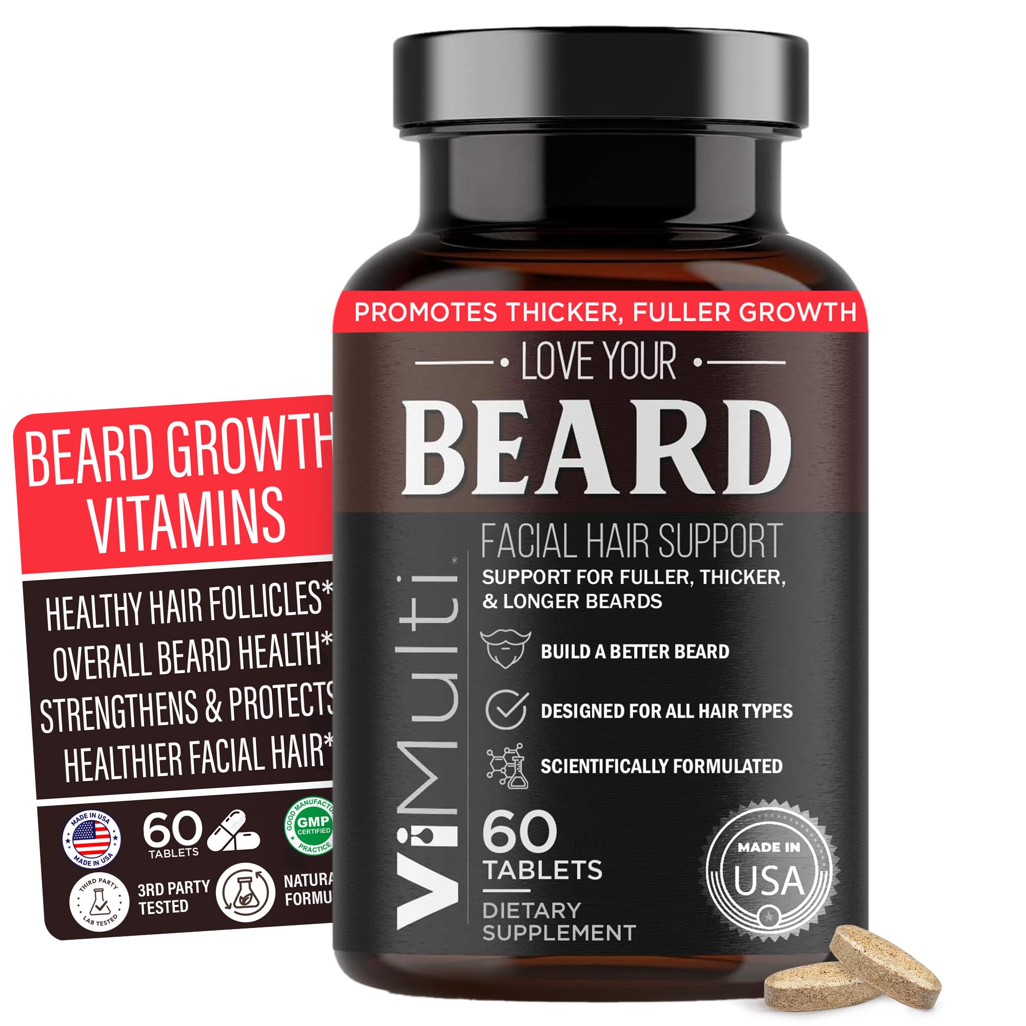 vimulti Love Your Beard Growth Vitamins bottle supports a fuller beard appearance.