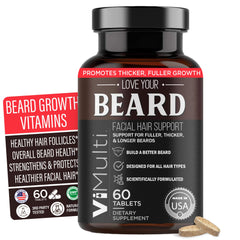 vimulti Love Your Beard Growth Vitamins bottle supports a fuller beard appearance.