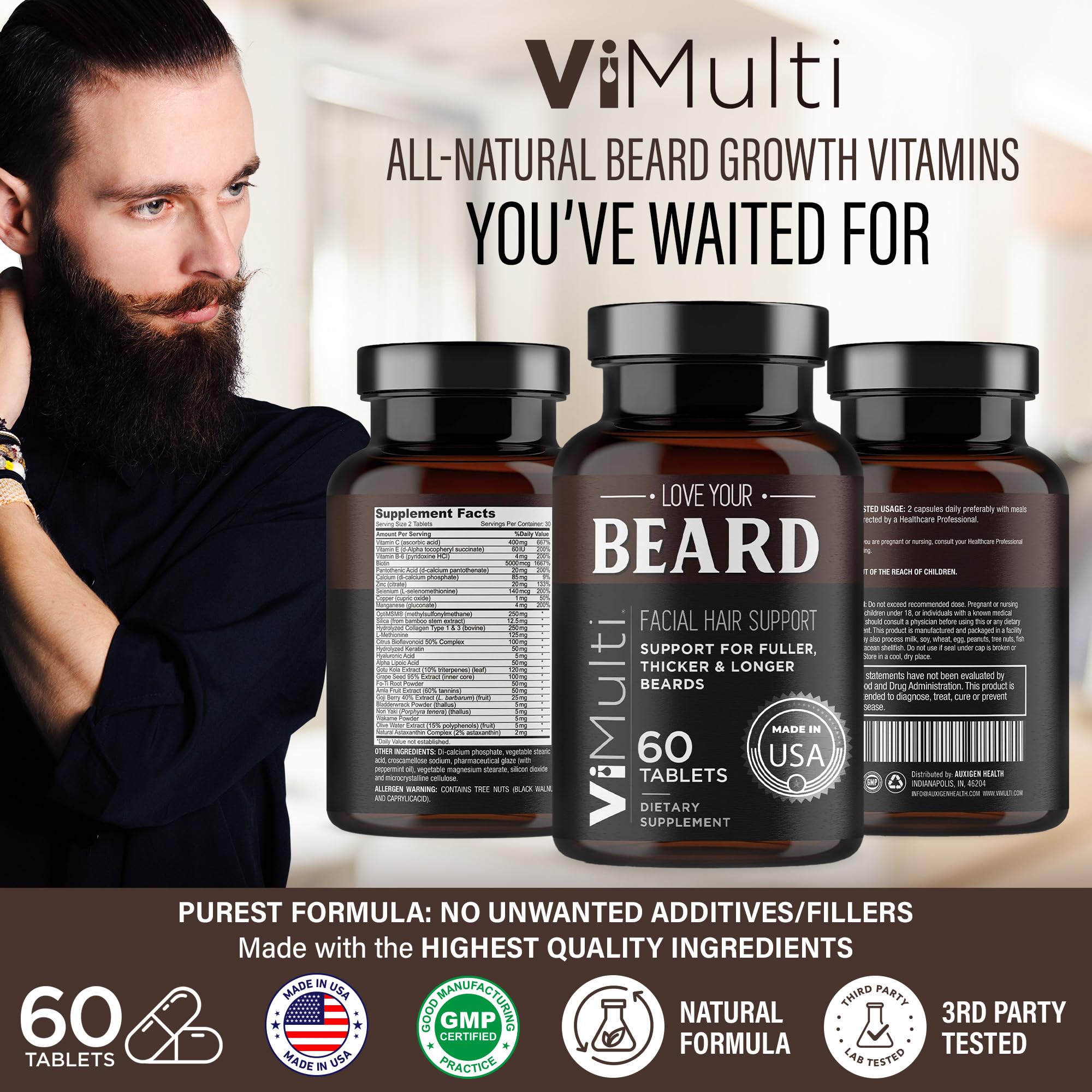 vimulti Love Your Beard Growth Vitamins capsules close-up for convenient daily use.
