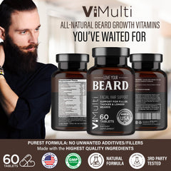 vimulti Love Your Beard Growth Vitamins capsules close-up for convenient daily use.