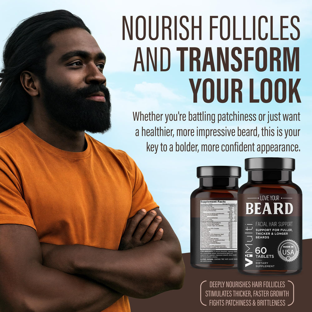 vimulti Love Your Beard Growth Vitamins on shelf display ready for beard care.