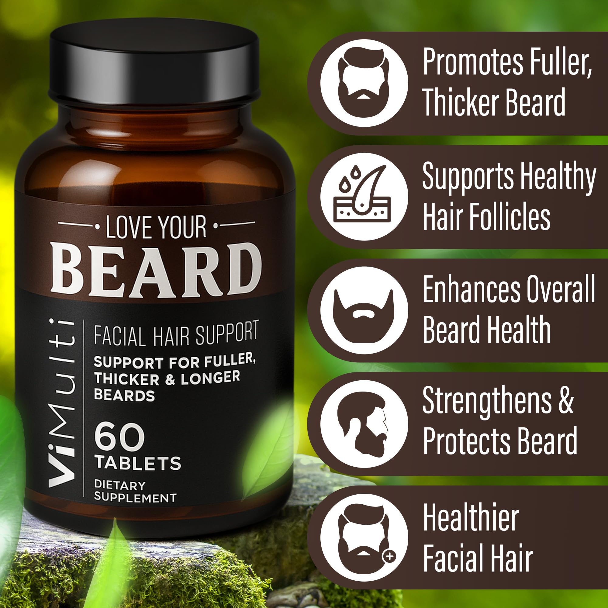 vimulti Love Your Beard Growth Vitamins packaging box highlights USA-made quality.