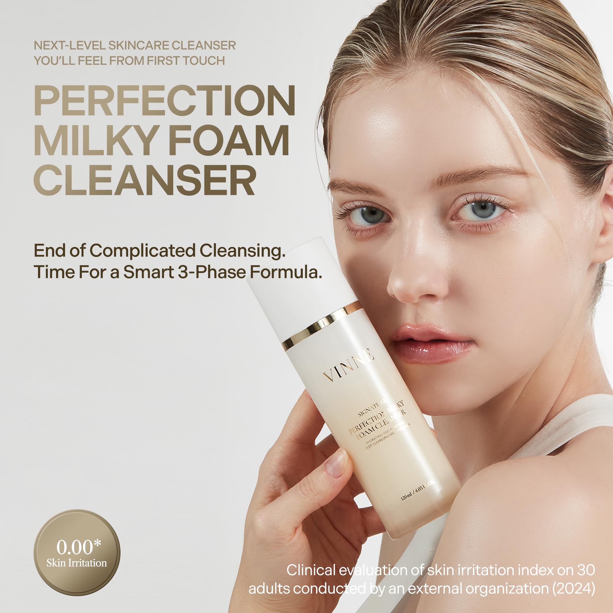 VINNE Signature Milky Foam Cleanser milk phase dispensing demonstrates gentle nourishment.
