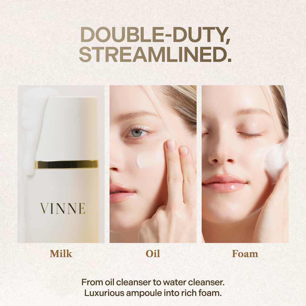 VINNE Signature Milky Foam Cleanser oil phase dispensing dissolves buildup for clean skin.