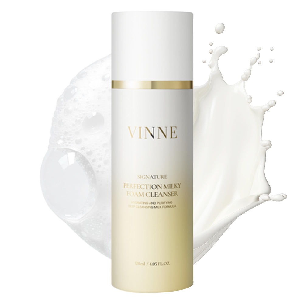 VINNE Signature Milky Foam Cleanser packaging emphasizes premium design for daily skincare.