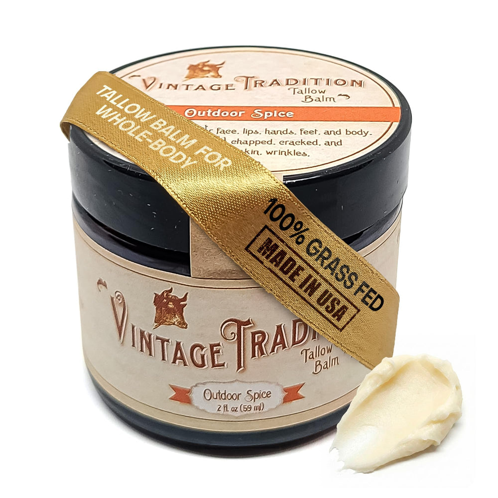 Vintage Tradition beef tallow balm jar front for daily moisture and skin comfort.