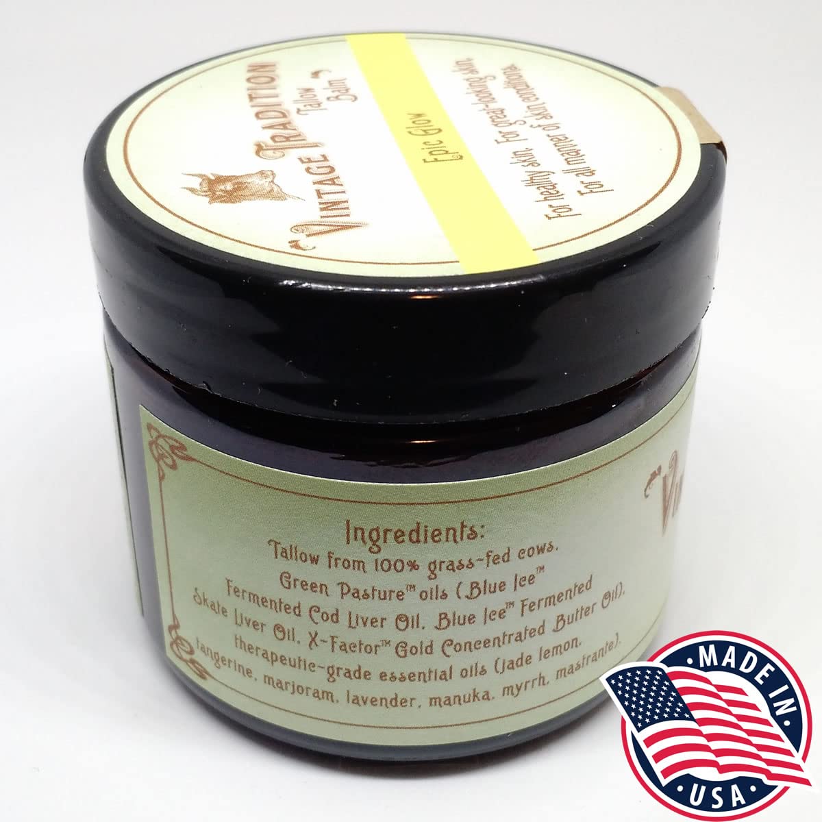 Vintage Tradition Epic Glow beef tallow balm texture close-up shows rich, spreadable moisture.