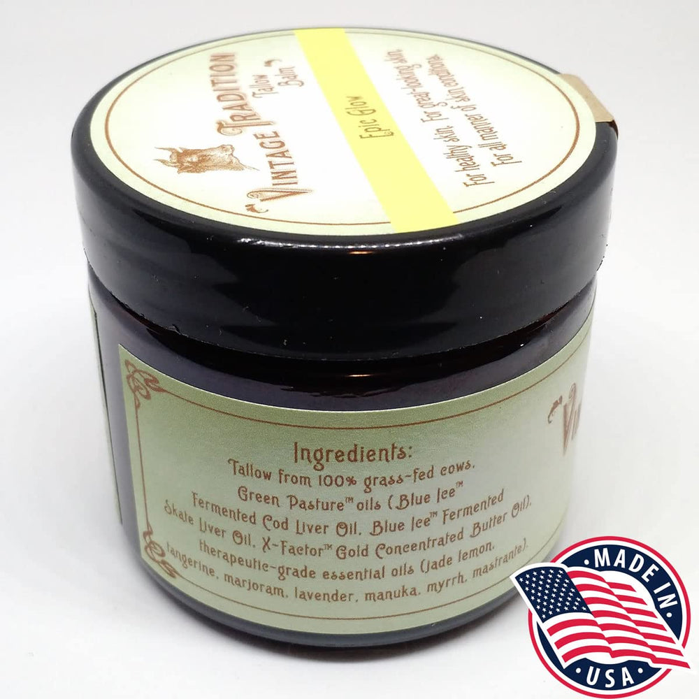 Vintage Tradition Epic Glow beef tallow balm texture close-up shows rich, spreadable moisture.