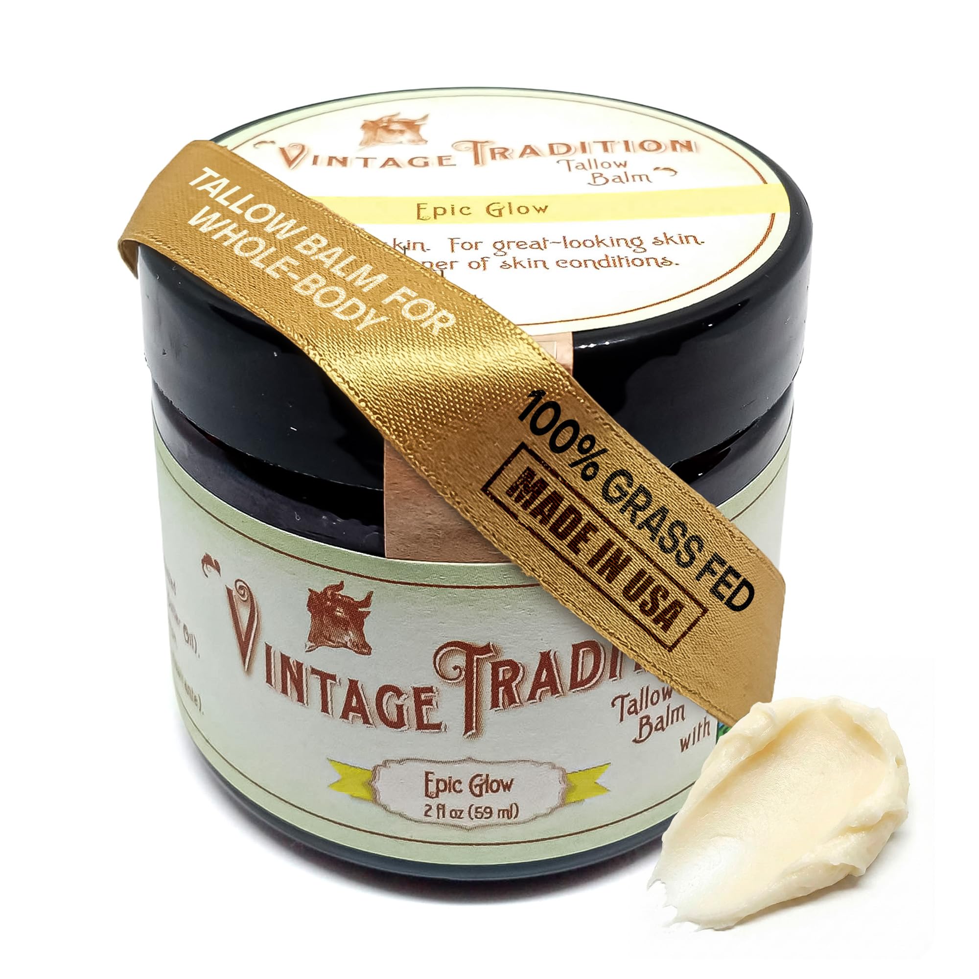 Vintage Tradition Epic Glow balm jar provides premium hydration for dry skin.