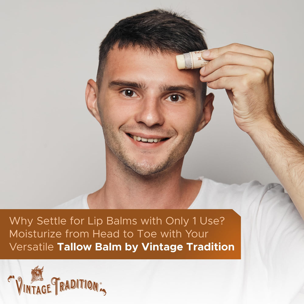 Vintage Tradition lip balm tube held in hand for on-the-go use