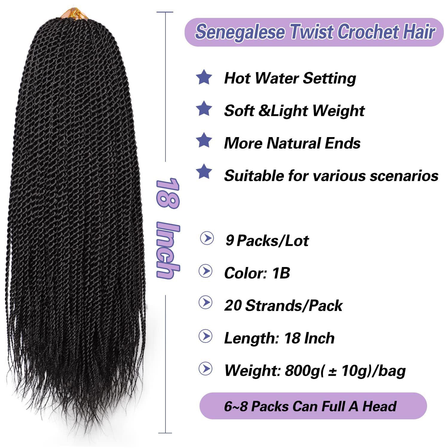 VIOLET Senegalese twist crochet hair 18 inch pre-looped closeup in 1B color highlighting smooth texture.