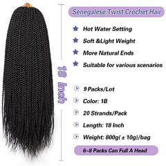 VIOLET Senegalese twist crochet hair 18 inch pre-looped closeup in 1B color highlighting smooth texture.