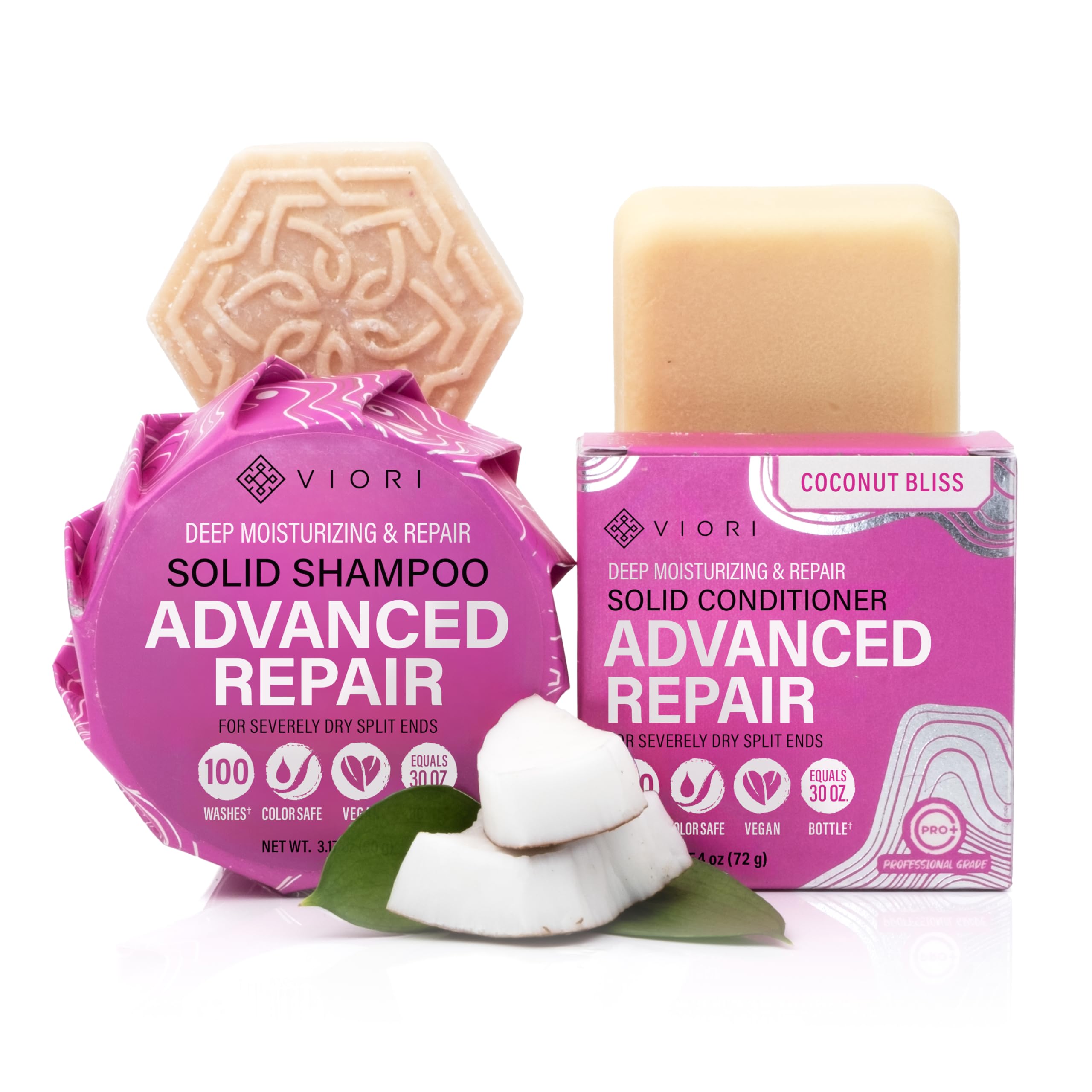 Viori coconut advanced repair shampoo bar on a wooden shelf for travel-ready care for dry hair.