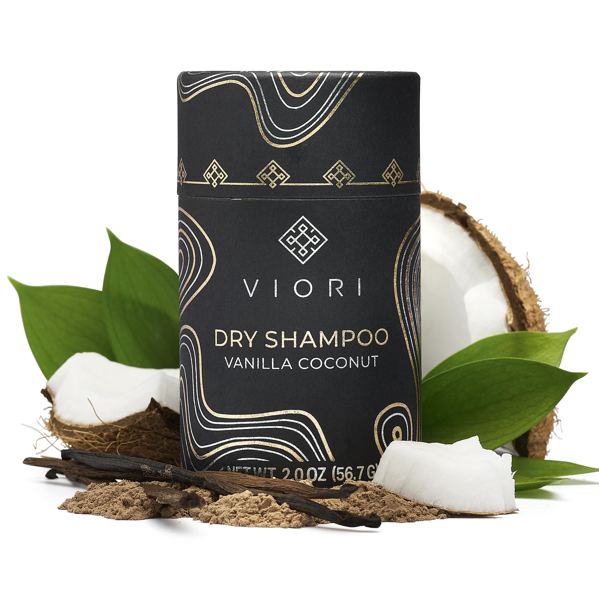 Viori Dry Shampoo Powder Vanilla Coconut bottle aids quick refresh between washes.