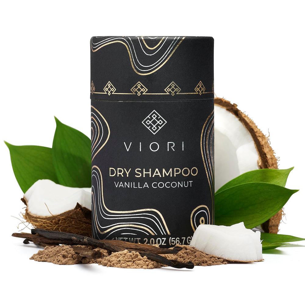 Viori Dry Shampoo Powder Vanilla Coconut bottle aids quick refresh between washes.