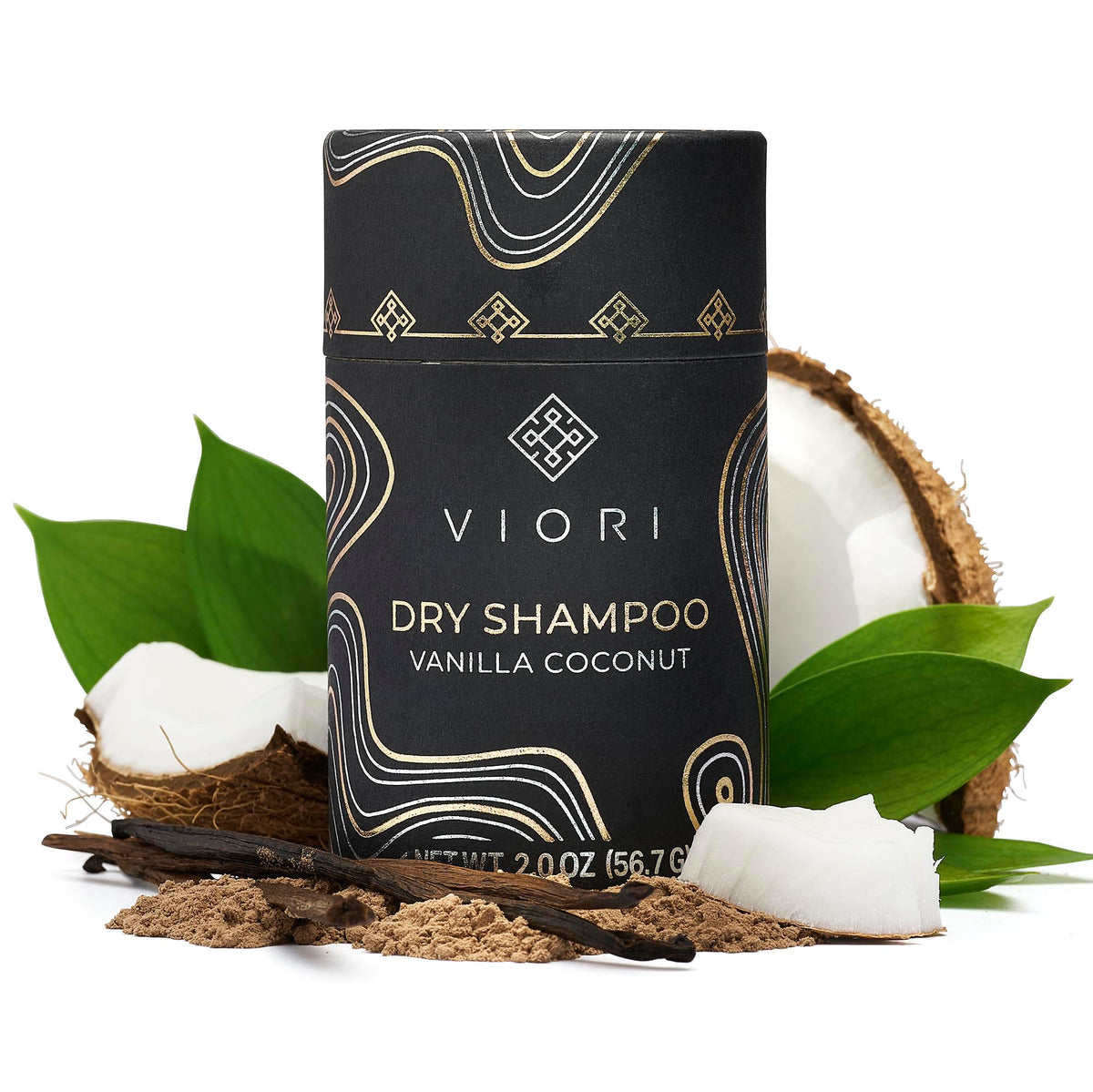 Viori Dry Shampoo Powder Vanilla Coconut bottle aids quick refresh between washes.