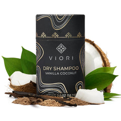 Viori Dry Shampoo Powder Vanilla Coconut bottle aids quick refresh between washes.