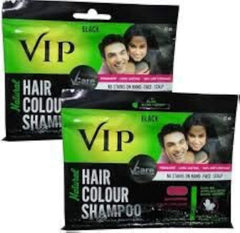 VIP 3 in 1 Hair Color Shampoo bottle with ammonia-free formula for instant black shade.