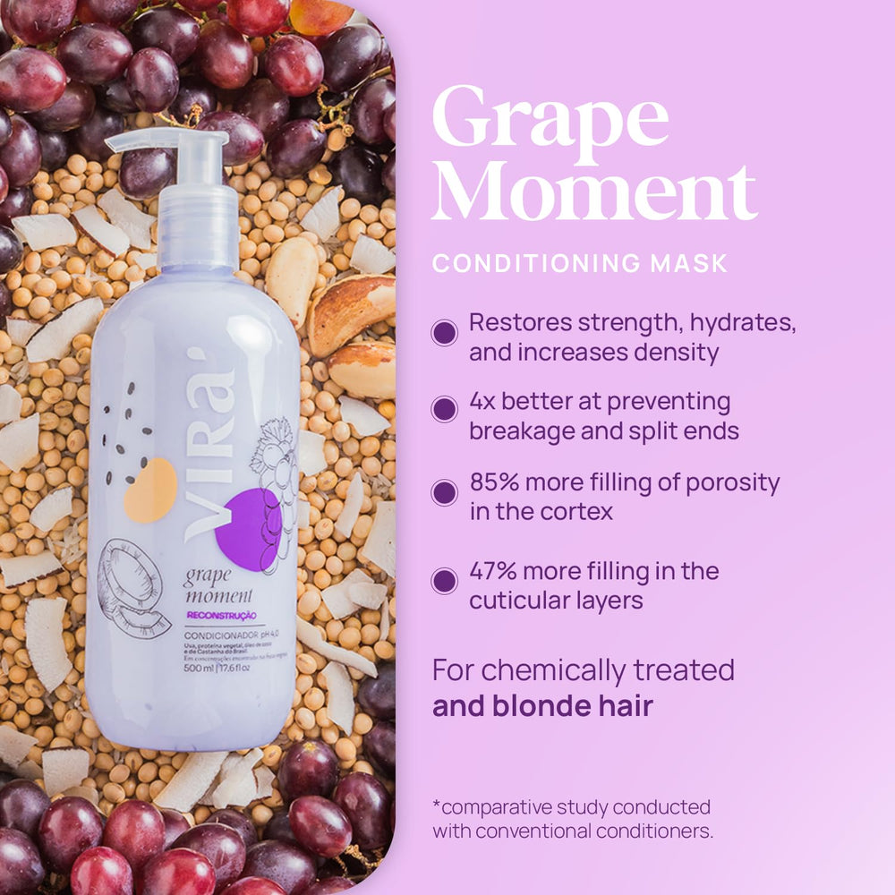 Virá Brazilian conditioner bottle showcases repair and reconstruction benefits.