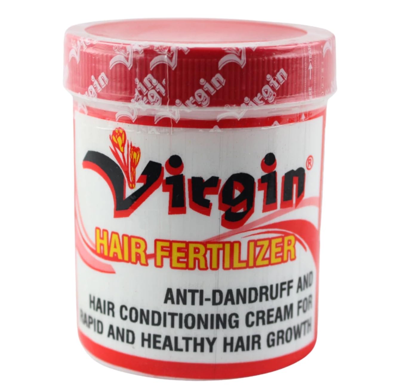 Virgin Hair Fertilizer jar with creamy coconut oil for easy application and conditioning