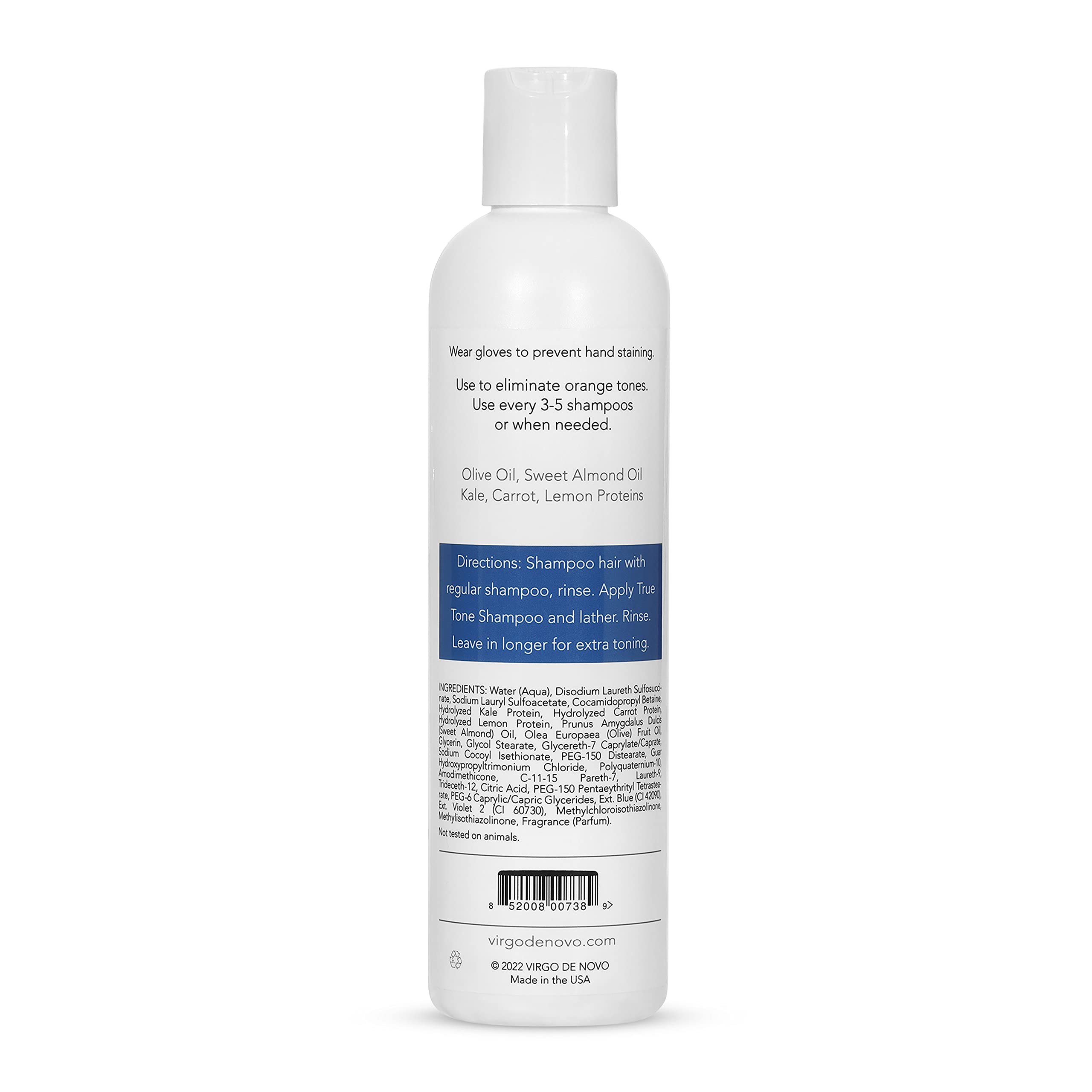 Virgo de Novo Blue Toning Shampoo bottle back highlights sulfate-free, vegan formula.