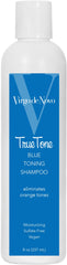 Virgo de Novo Blue Toning Shampoo bottle front neutralizes brass for cooler tones.