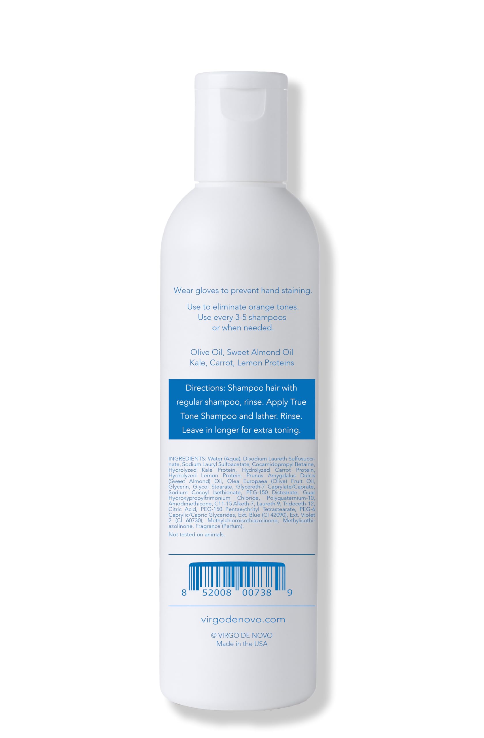 Virgo de Novo Blue Toning Shampoo pump close-up shows non-drying cleansing.