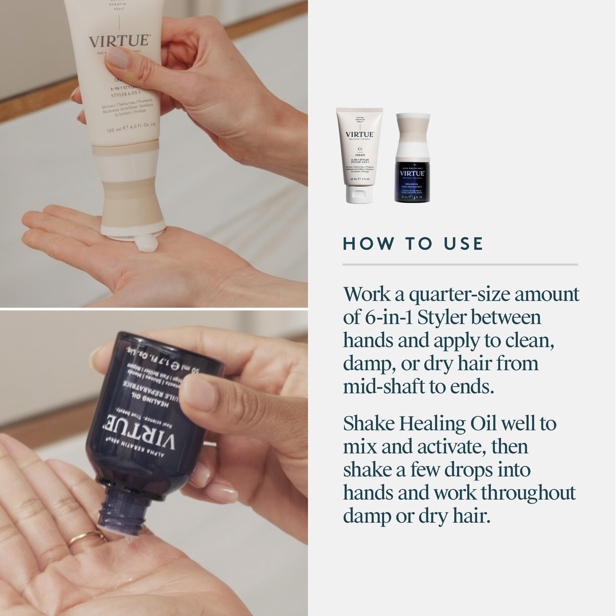 Application of VIRTUE 6-in-1 Hair Styler for versatile styling.