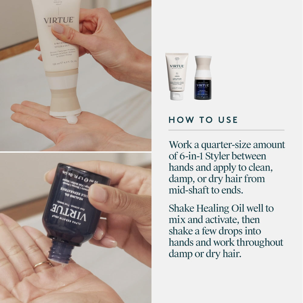 Application of VIRTUE 6-in-1 Hair Styler for versatile styling.