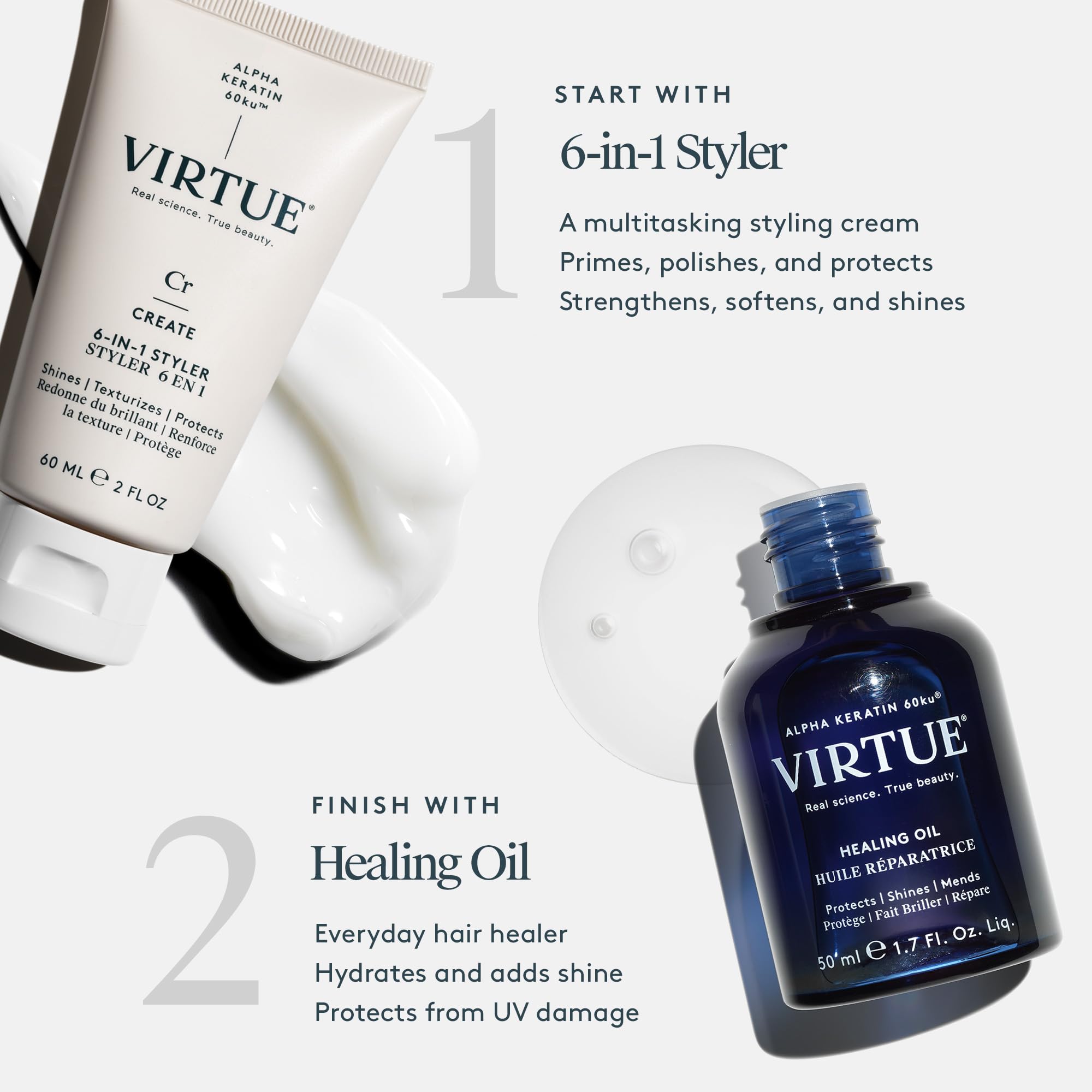Color-safe formula of the VIRTUE bundle for color-treated hair.