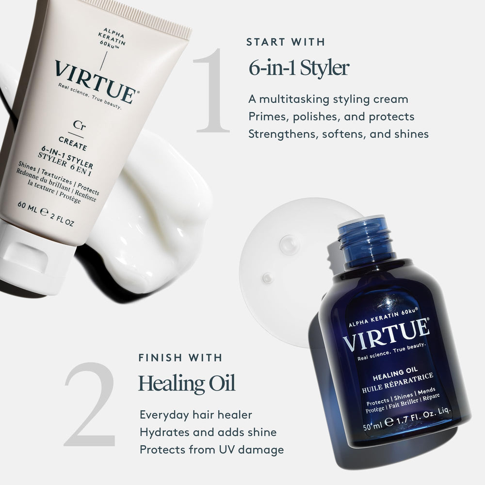 Color-safe formula of the VIRTUE bundle for color-treated hair.