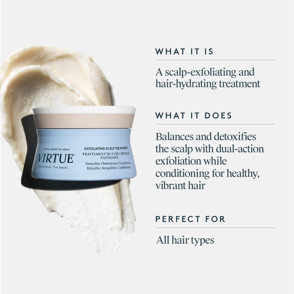 VIRTUE color-safe formula conveys safe use on color-treated hair.