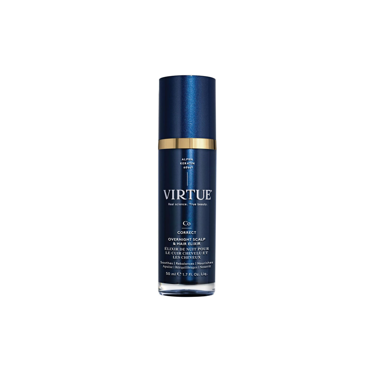 VIRTUE Correct Overnight Elixir bottle close-up shows a drug-free, dermatologist-tested formula.
