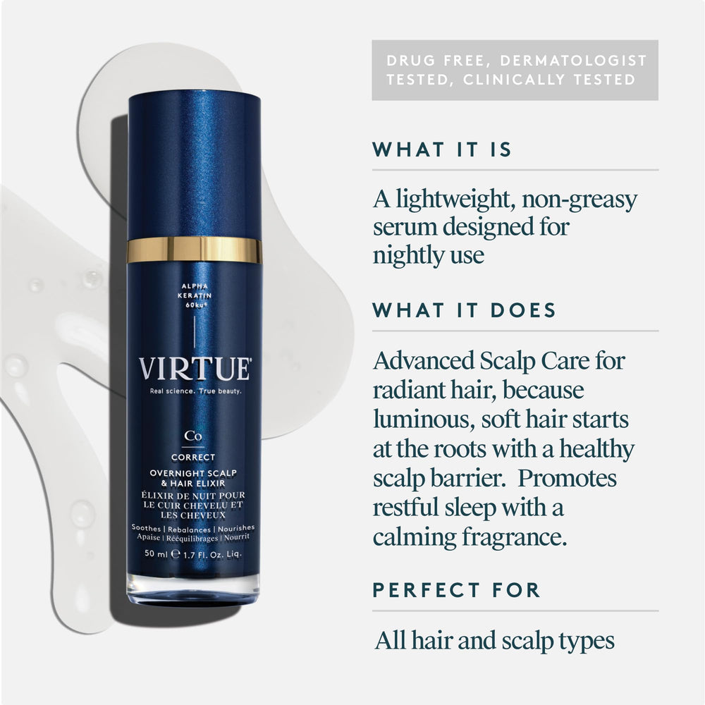 VIRTUE Correct Overnight Elixir dropper view emphasizes scalp hydration and nighttime care.