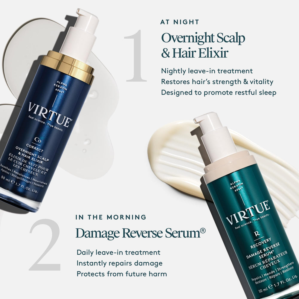 VIRTUE Correct Overnight Elixir on nightstand suggests restful fragrance for sleep.