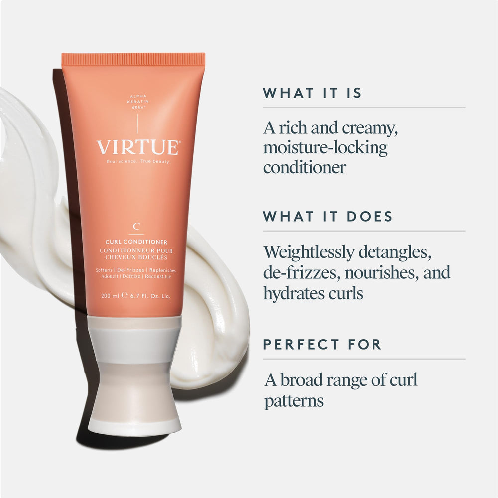 VIRTUE Curl Conditioner color-safe hair care for treated tresses.