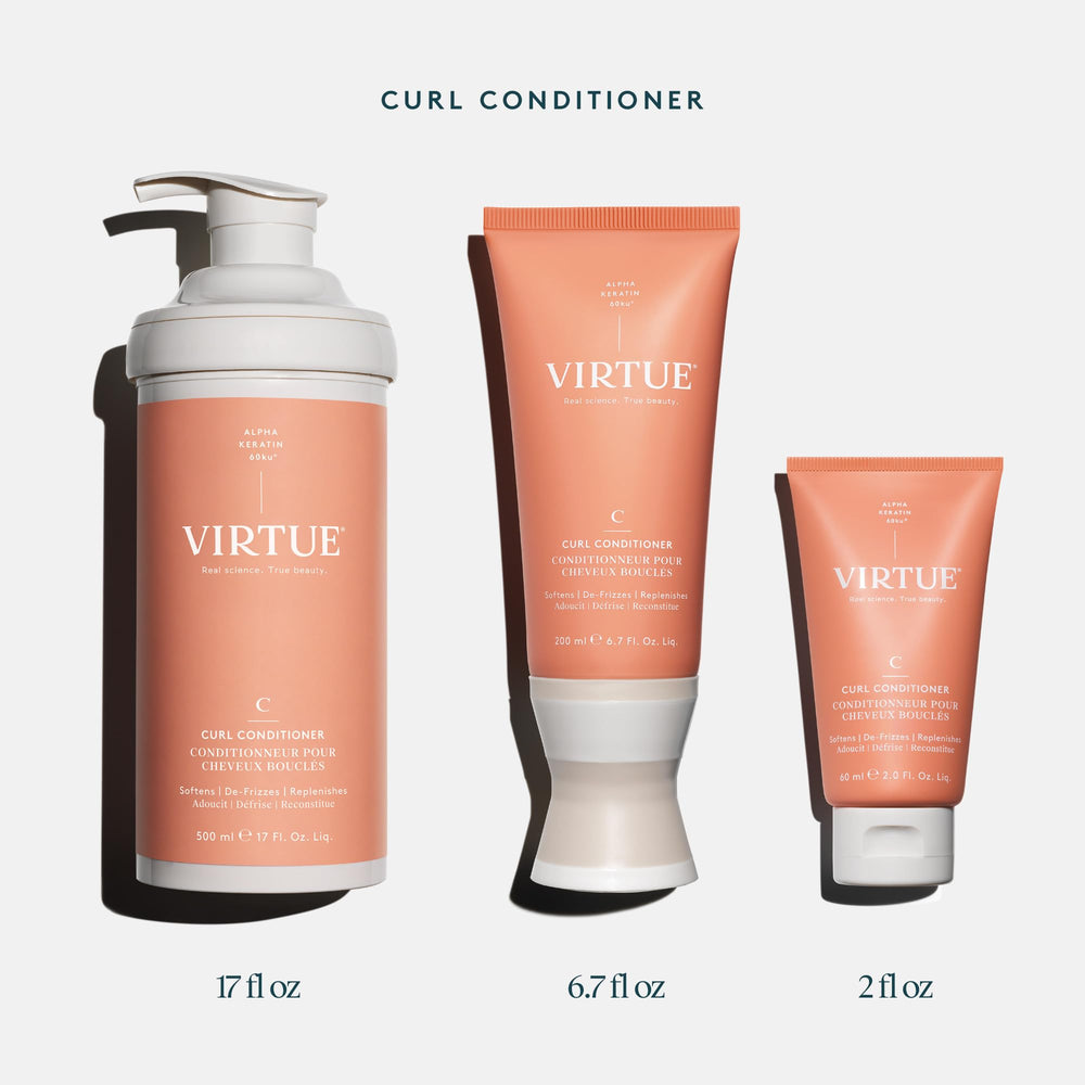 VIRTUE Curl Conditioner detangling action on curly strands.