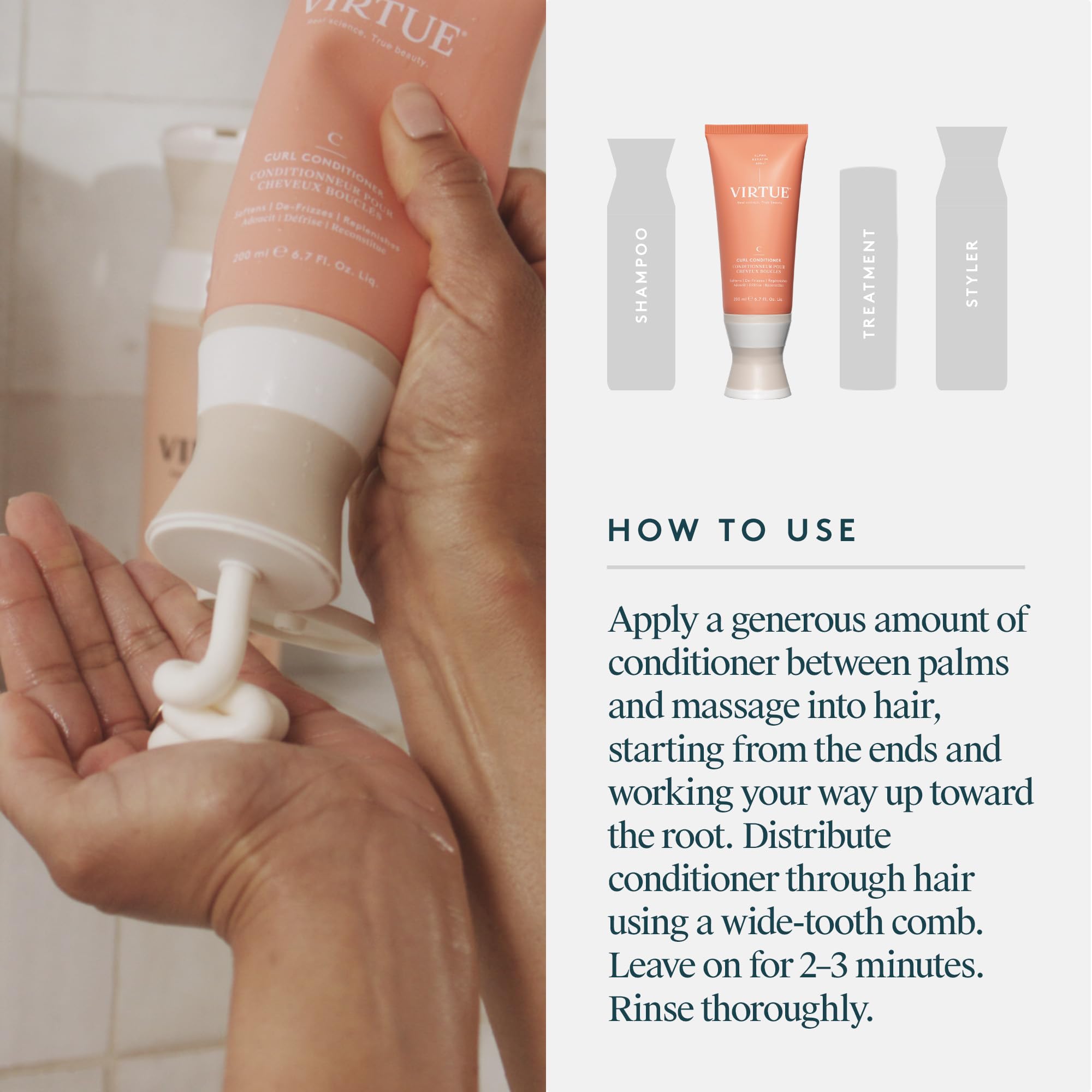 Virtue Curl Conditioner frizz control adds shine to curls.