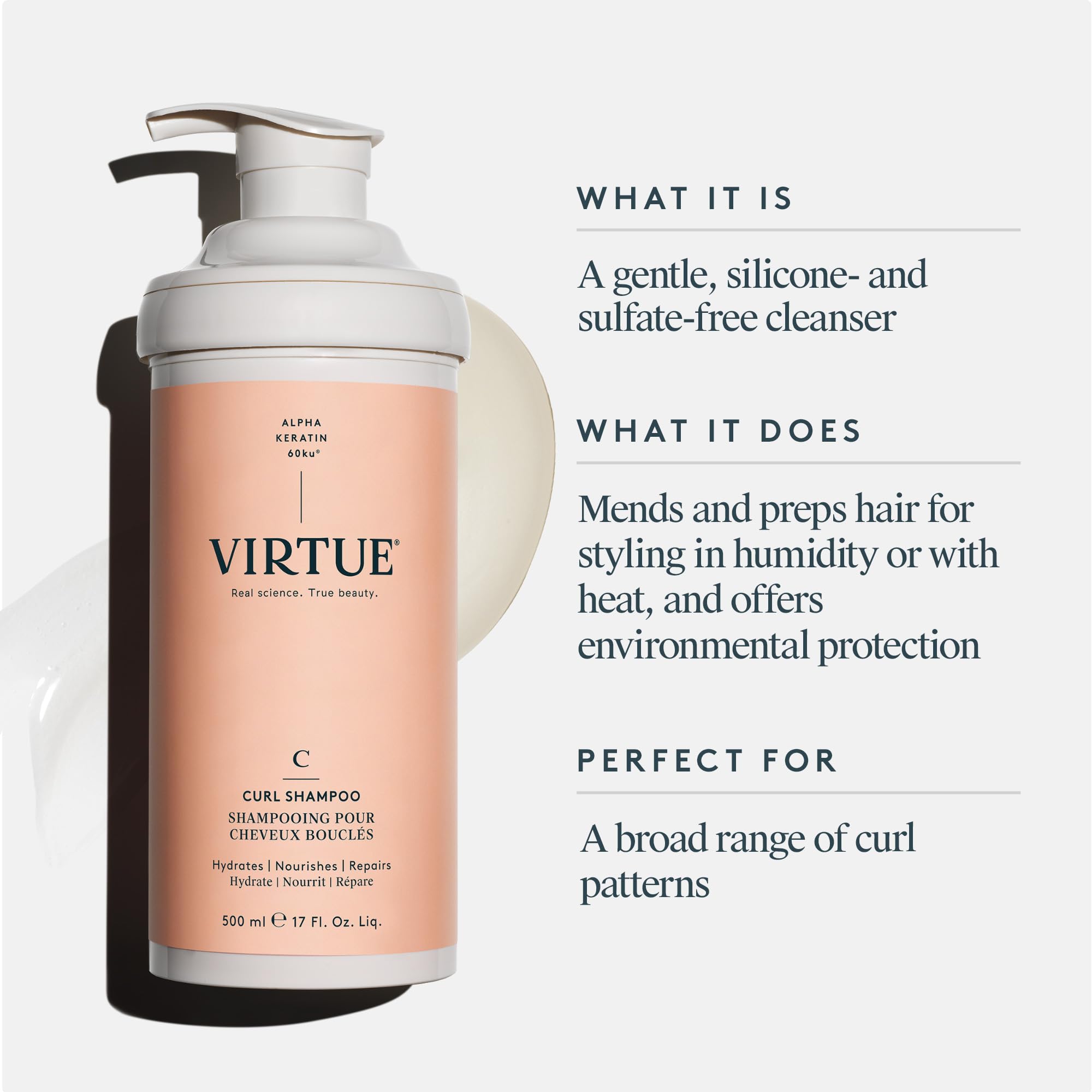 Close-up of creamy lather from VIRTUE Curl Shampoo for soft, defined curls