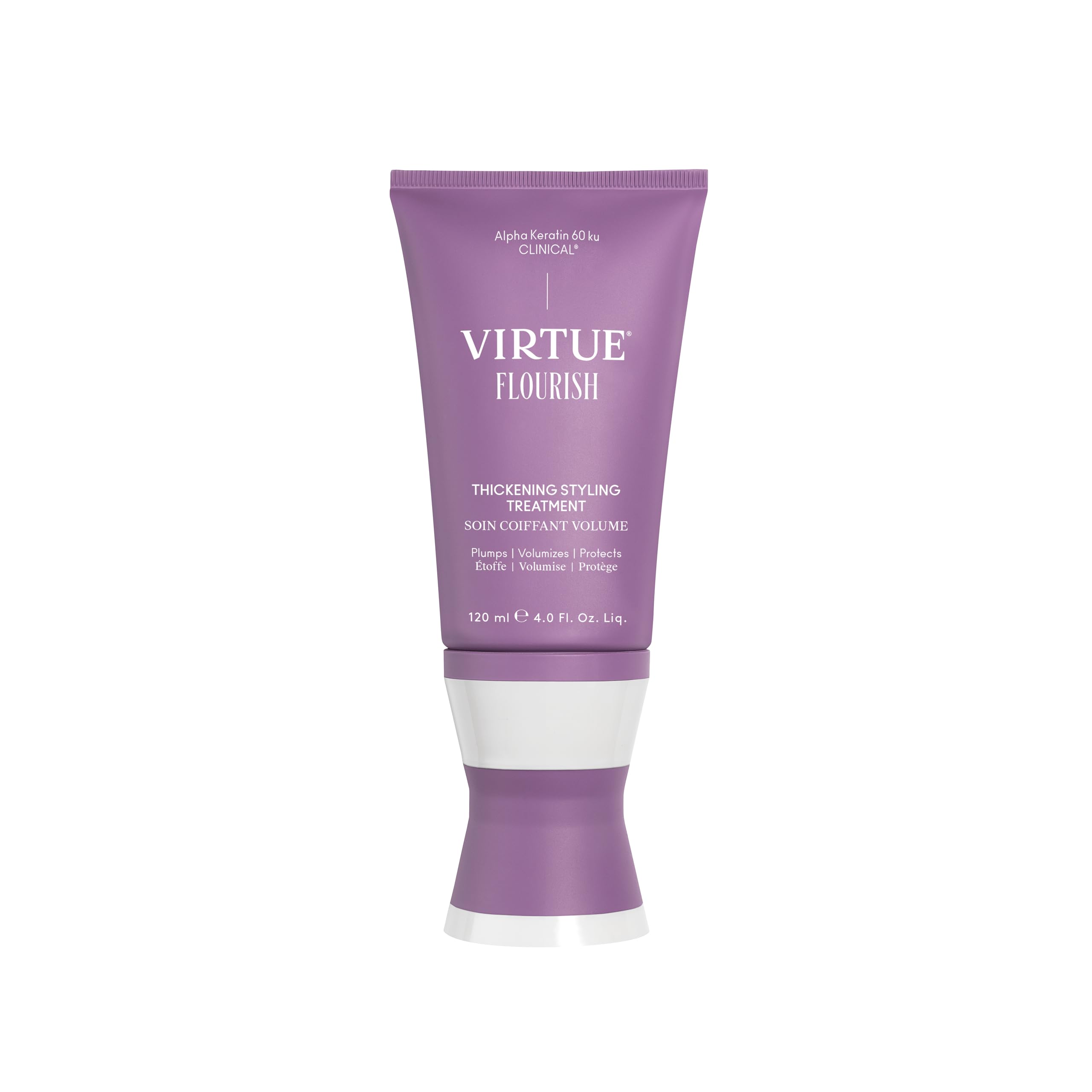 VIRTUE Flourish bottle with pump, showcasing convenient application for daily volume.