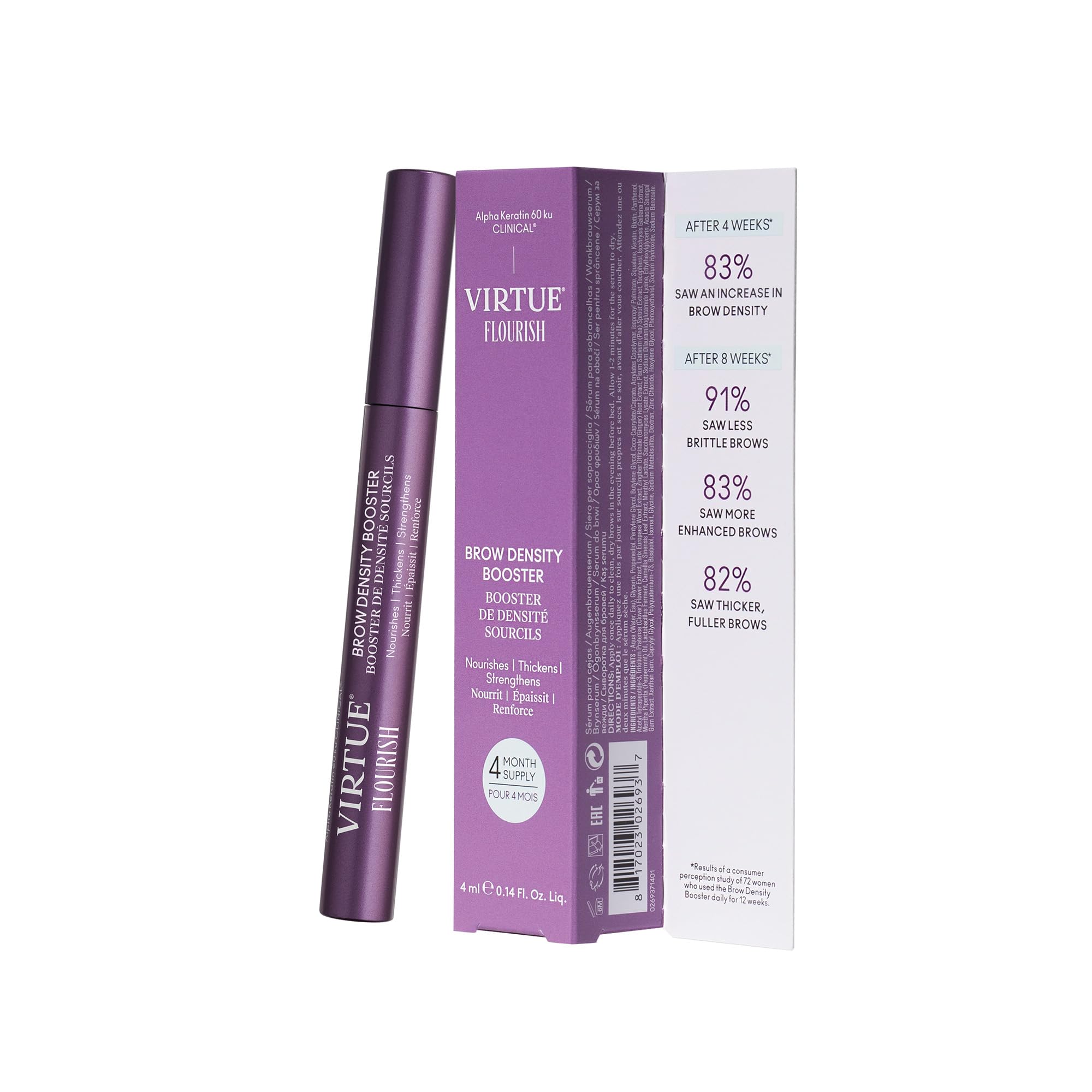 Virtue Flourish brow-density serum bottle ready for precise, fragrance-free application.